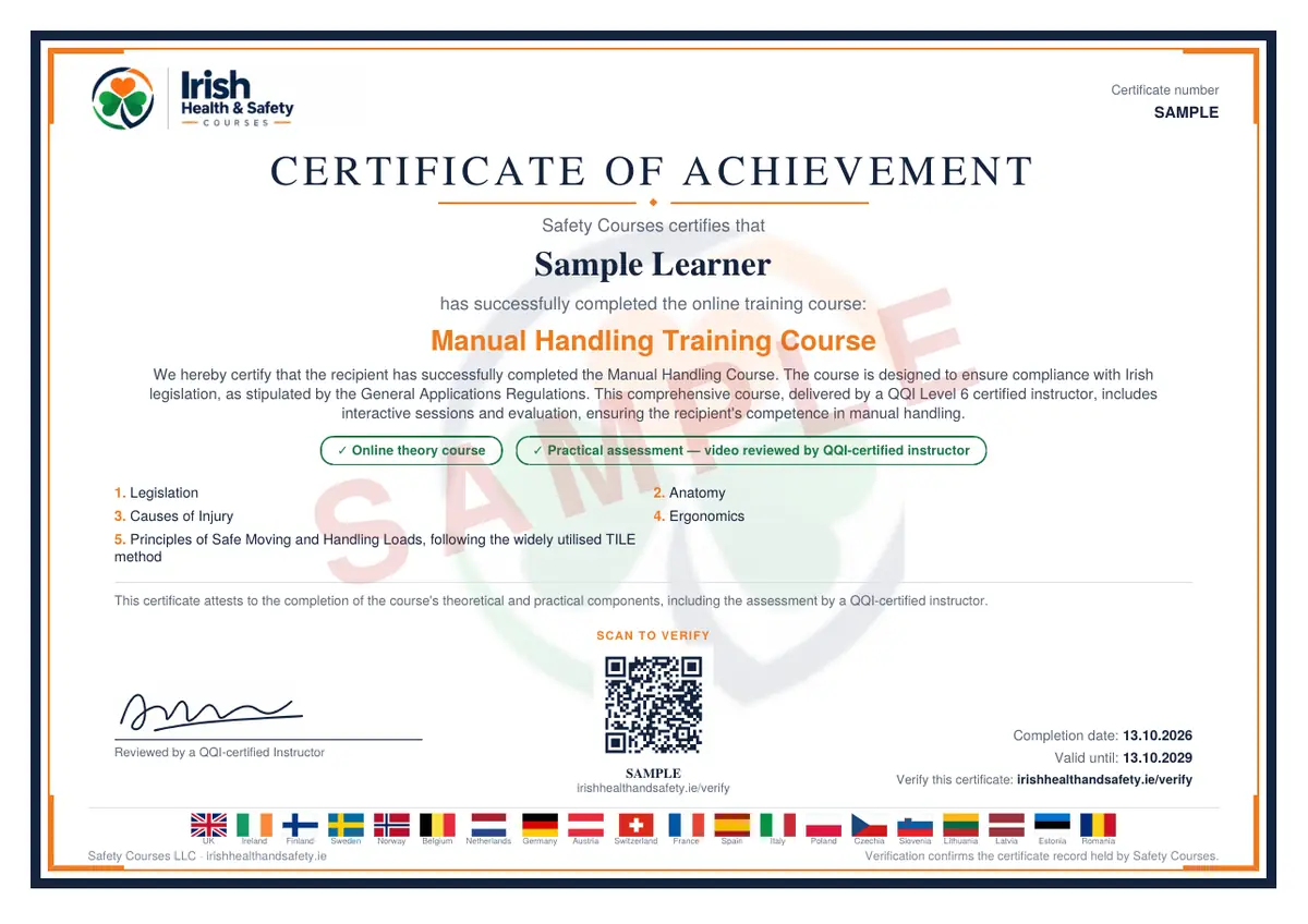Sample Certificate of Achievement issued on completion, showing the recipient name, the course title, the course curriculum, a validation code, the instructor line and the starting and expiry dates.