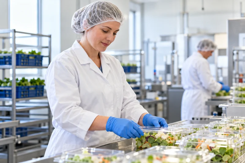 Food worker handling packaged food